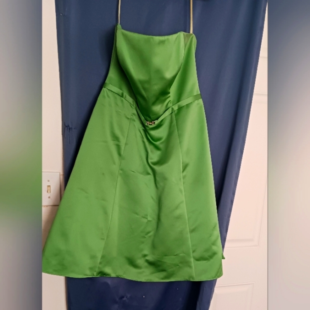 Green teal length dress.